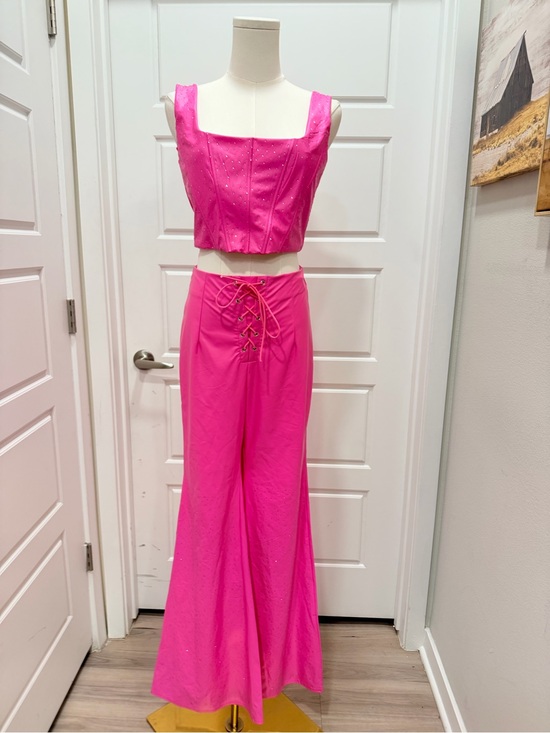 Windsor Pants - Windsor Hot Pink Lace-Up Wide Leg Rhinestone 2PC Pant Set